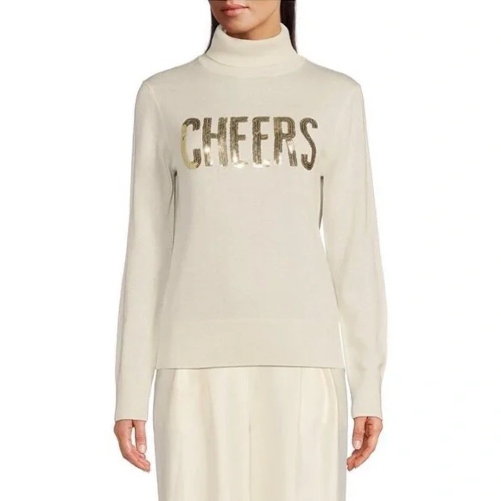 NWT Alex Marie Gold "CHEERS" Ivory Long Sleeve Turtleneck Sweater